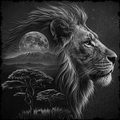 Lion with a scenic background featuring a moonlit sky and mountains.