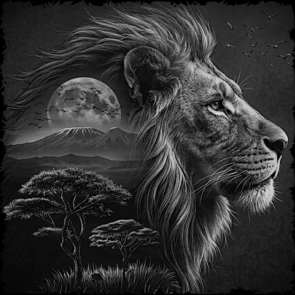 Lion with a scenic background featuring a moonlit sky and mountains.