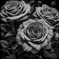 Black and white roses with water droplets on a dark background