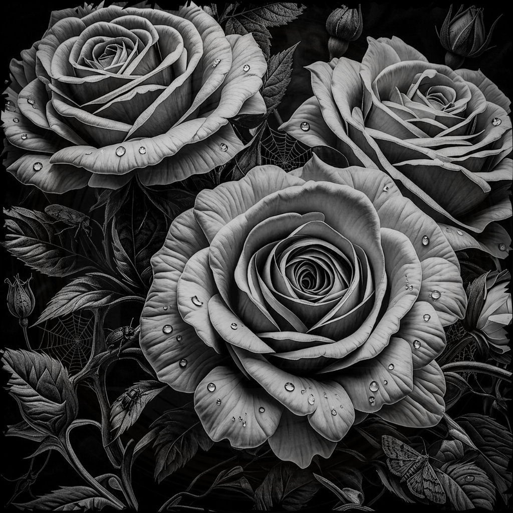 Black and white roses with water droplets on a dark background