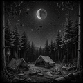 Two tents under a full moon in a forest at night.