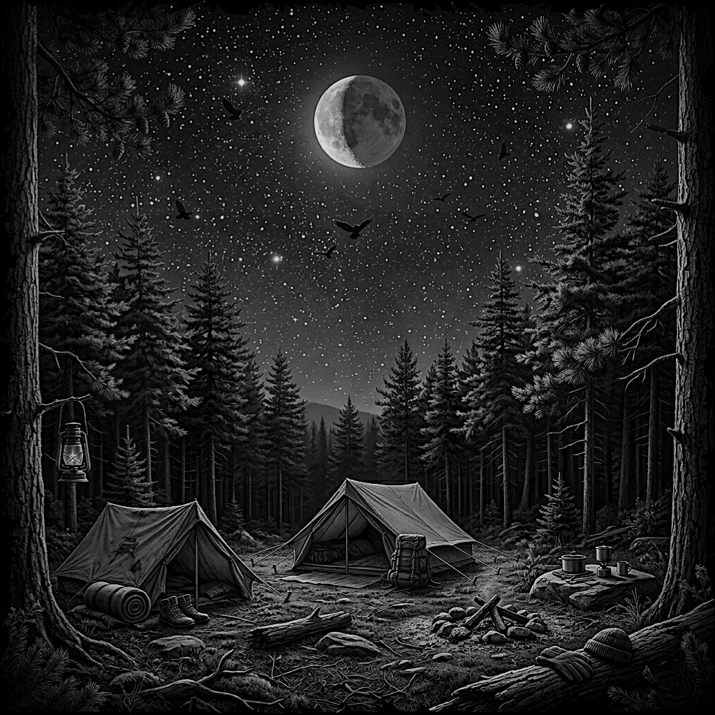 Two tents under a full moon in a forest at night.