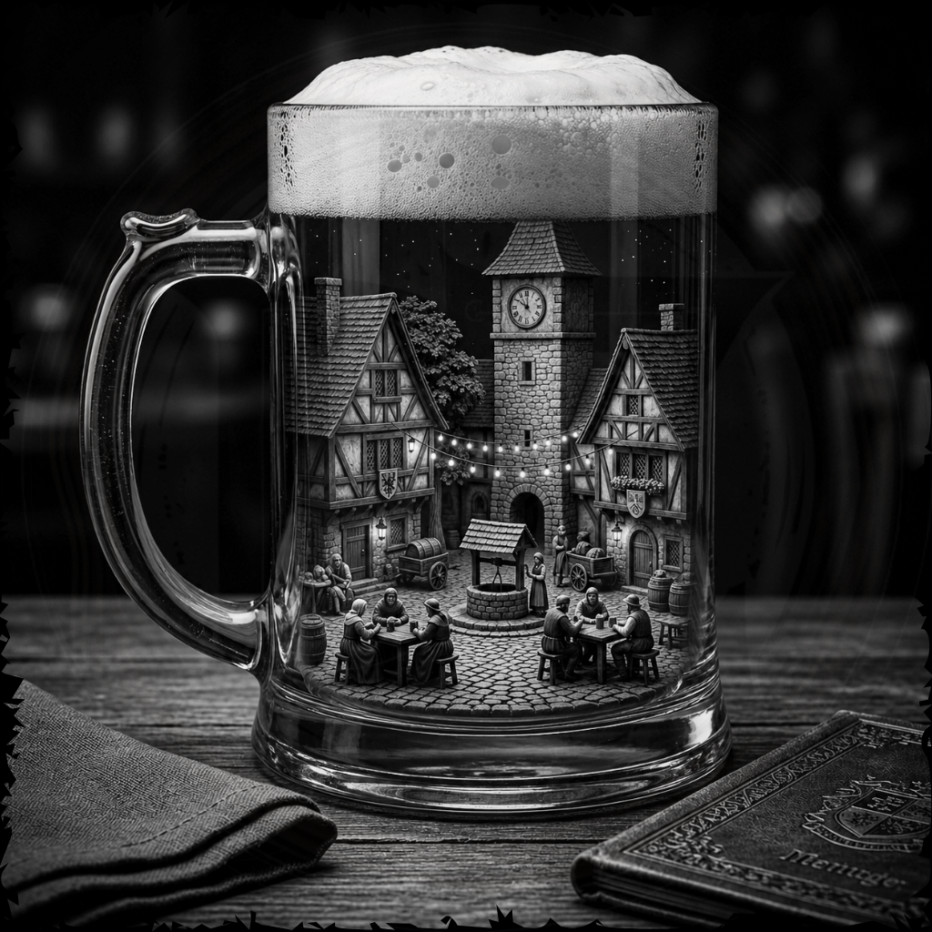 Glass mug with a miniature village scene inside, featuring buildings and people.