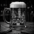 Glass mug with a miniature village scene inside, featuring buildings and people.