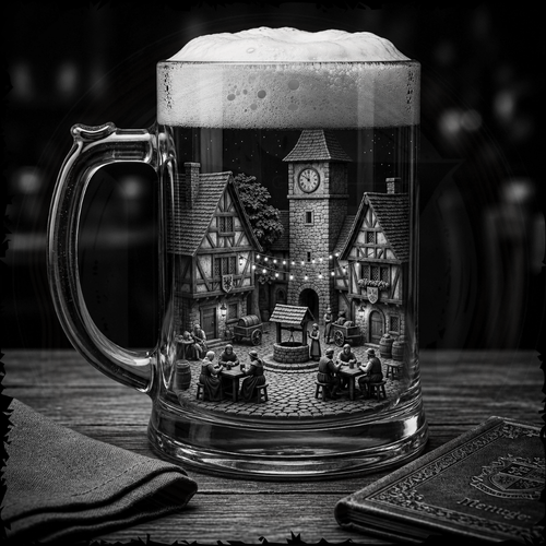 Glass mug with a miniature village scene inside, featuring buildings and people.