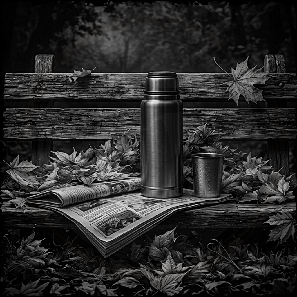 Thermos and cup on a wooden bench with leaves and an open newspaper
