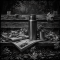 Thermos and cup on a wooden bench with leaves and an open newspaper