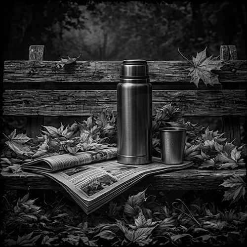 Thermos and cup on a wooden bench with leaves and an open newspaper