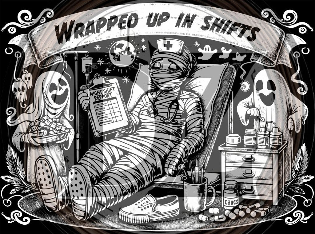 Illustration of a person in a mummy costume with medical supplies and ghosts, featuring text 'Wrapped Up In Shifts'.