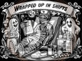 Illustration of a person in a mummy costume with medical supplies and ghosts, featuring text 'Wrapped Up In Shifts'.