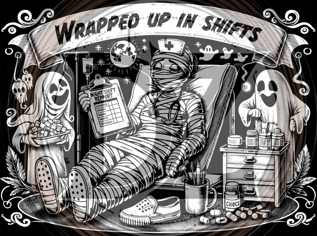Illustration of a person in a mummy costume with medical supplies and ghosts, featuring text 'Wrapped Up In Shifts'.