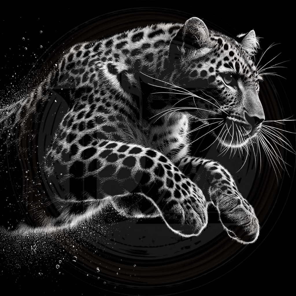 Black and white image of a leopard in a dynamic pose.