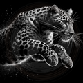 Black and white image of a leopard in a dynamic pose.