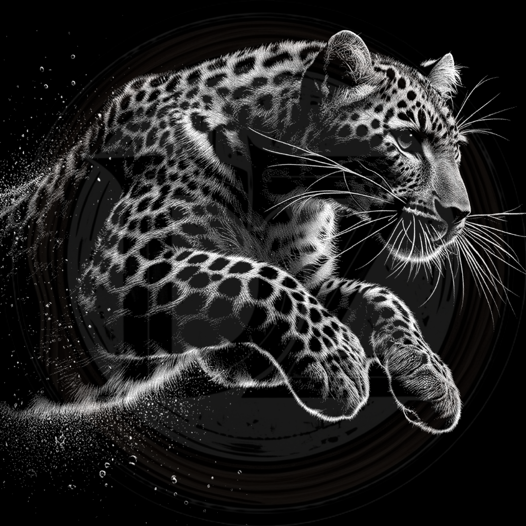 Black and white image of a leopard in a dynamic pose.
