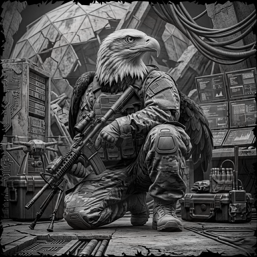 Soldier with an eagle on shoulder in a futuristic setting with technology and machinery.