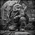 Soldier with an eagle on shoulder in a futuristic setting with technology and machinery.