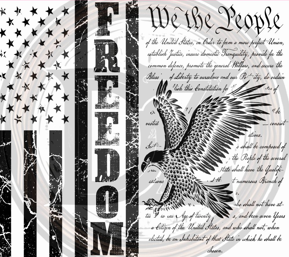 Design with American flag, eagle, and text on a circular background