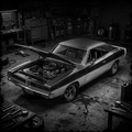 Vintage car with open hood in a garage setting