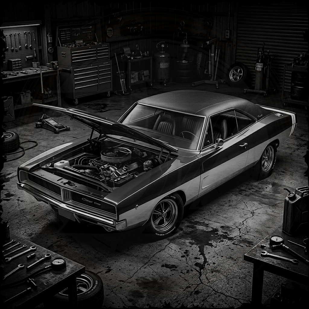 Vintage car with open hood in a garage setting