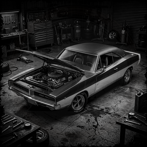 Vintage car with open hood in a garage setting