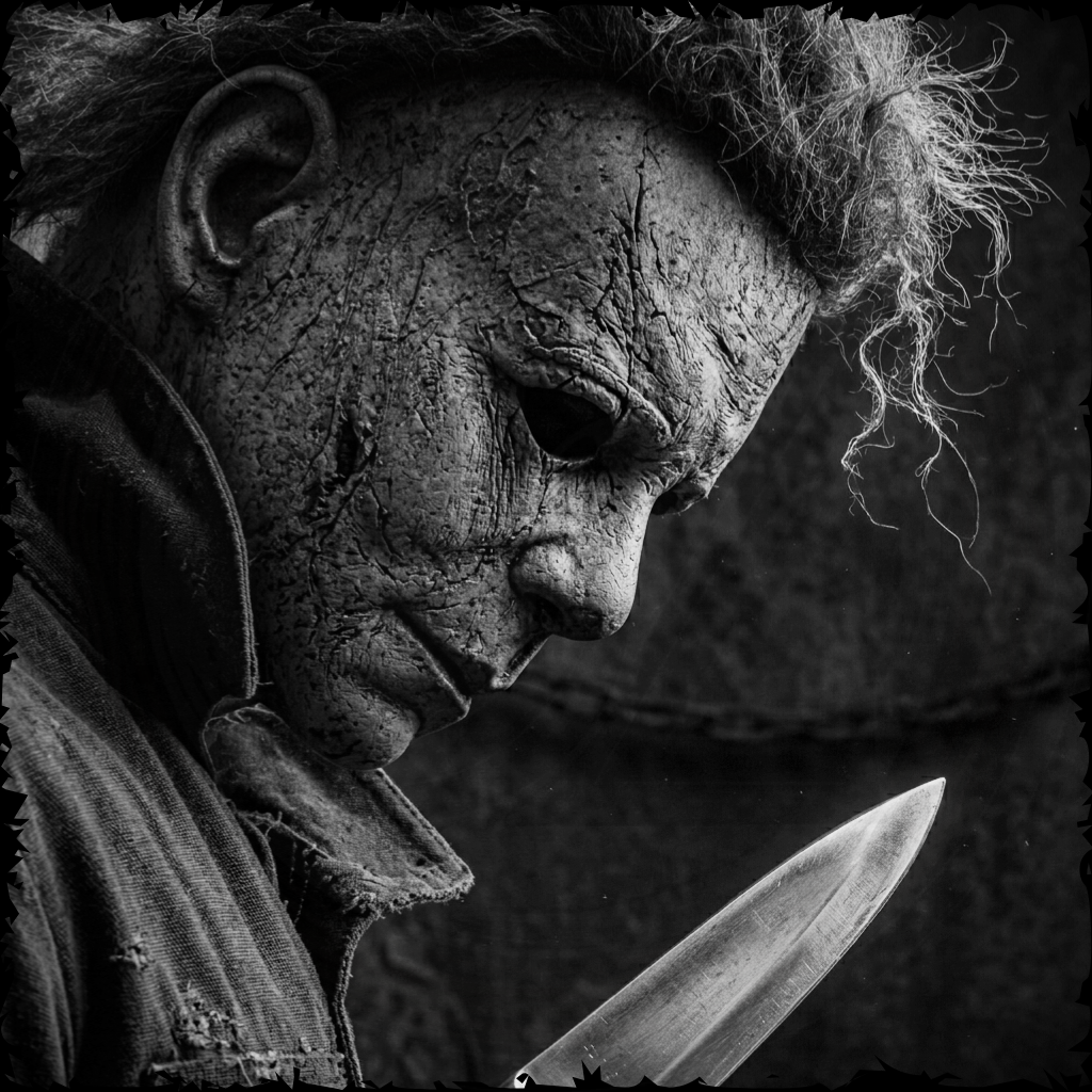 Black and white image of a person wearing a mask with a knife, likely for Halloween or horror-themed event.
