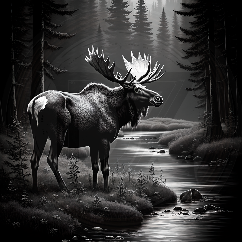 Moose standing by a stream in a forest