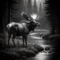 Moose standing by a stream in a forest