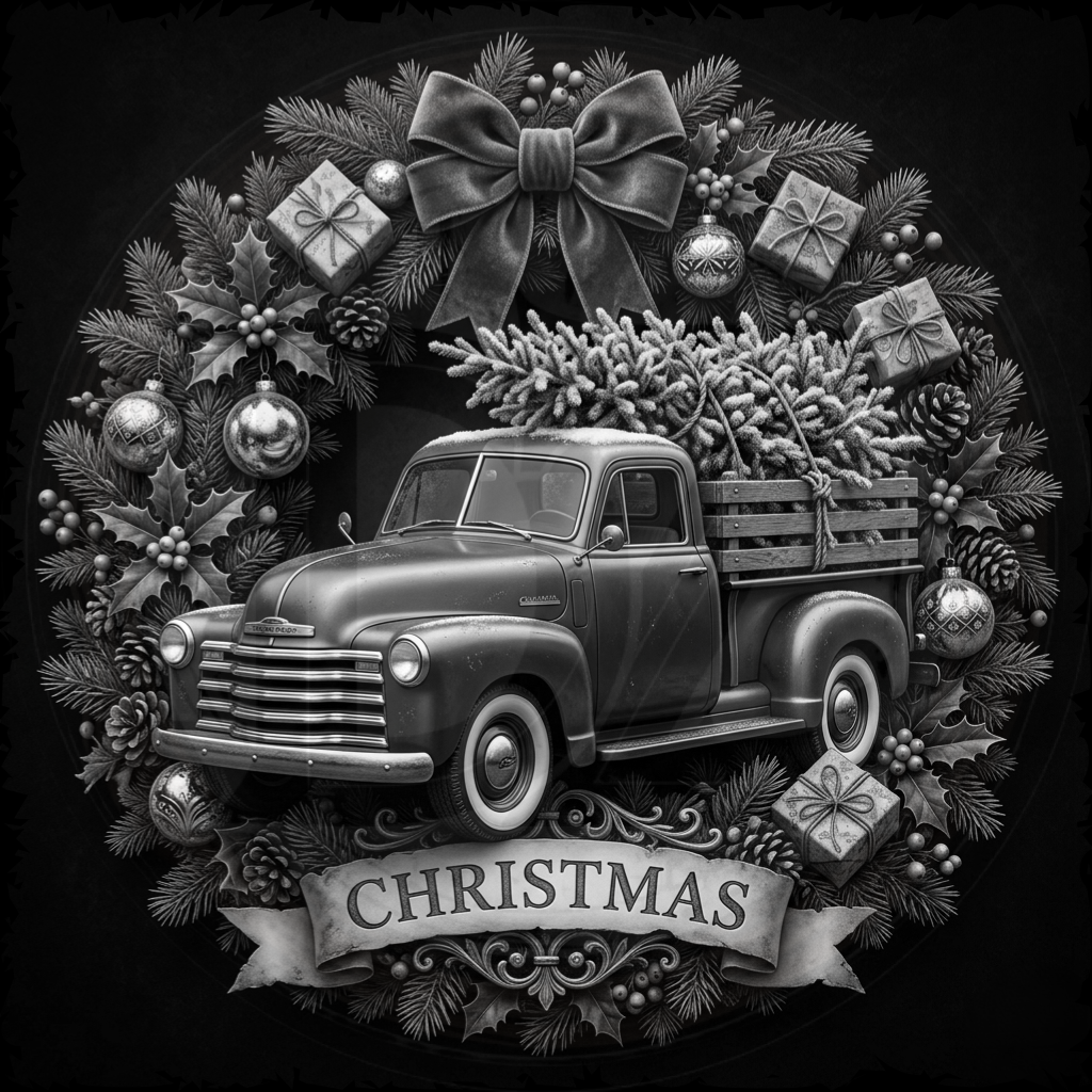 Vintage truck surrounded by Christmas decorations and wreath on a black background