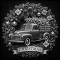 Vintage truck surrounded by Christmas decorations and wreath on a black background
