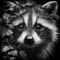 Black and white illustration of a raccoon surrounded by leaves and berries