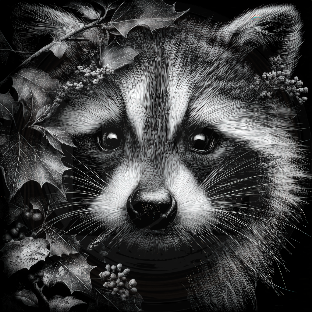Black and white illustration of a raccoon surrounded by leaves and berries