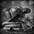 Firefighter helmet with American flag, radio, and hose on a textured background