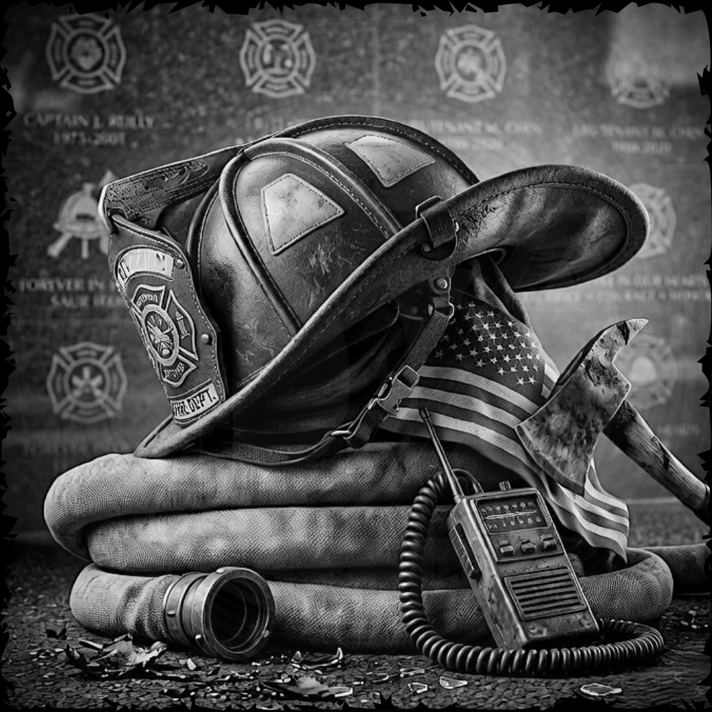 Firefighter helmet with American flag, radio, and hose on a textured background