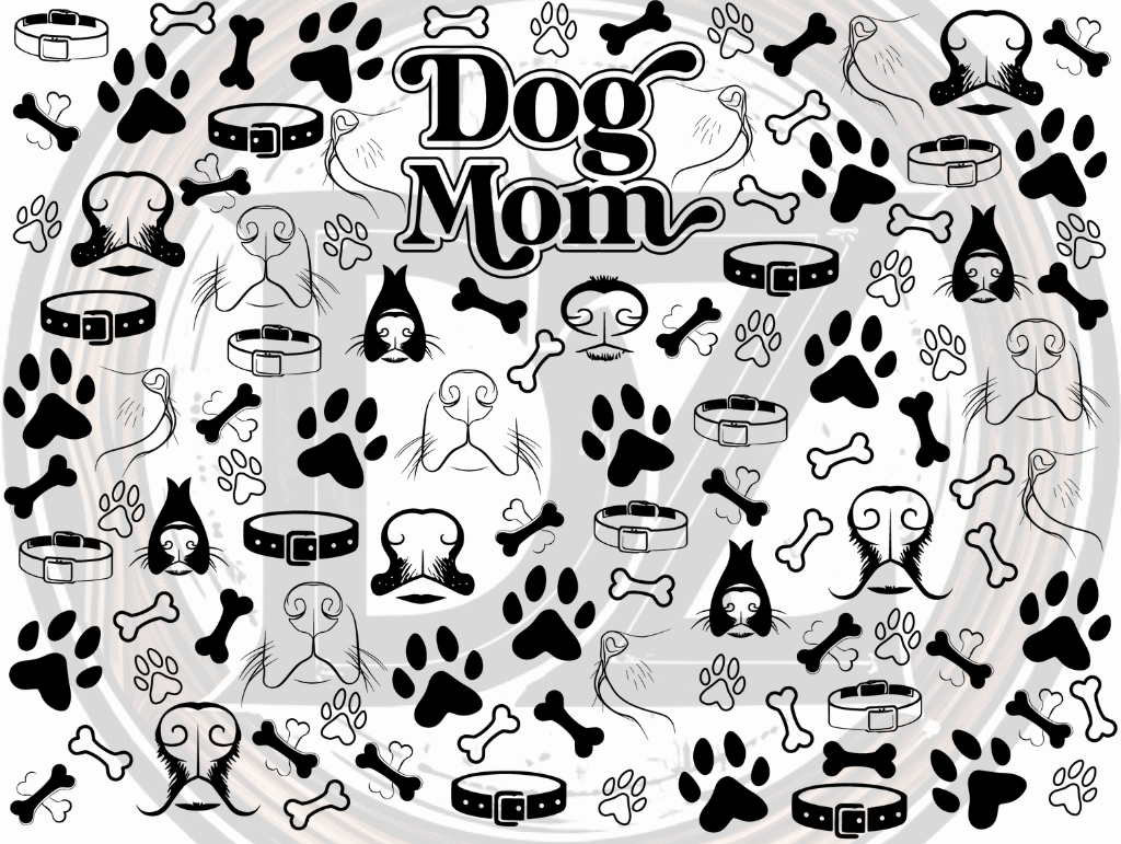 Design with dog-themed elements and 'Dog Mom' text on a white background