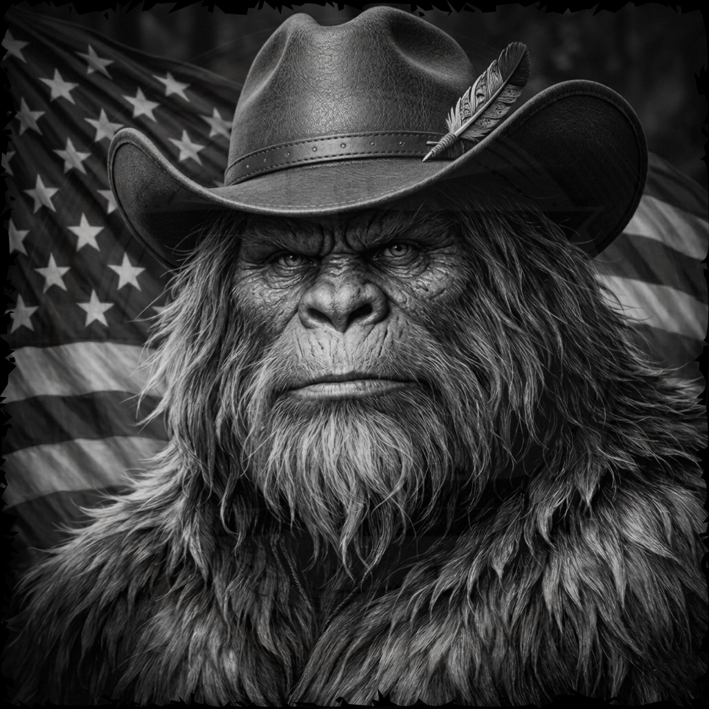 Black and white illustration of a creature with a cowboy hat in front of an American flag.