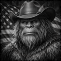 Black and white illustration of a creature with a cowboy hat in front of an American flag.