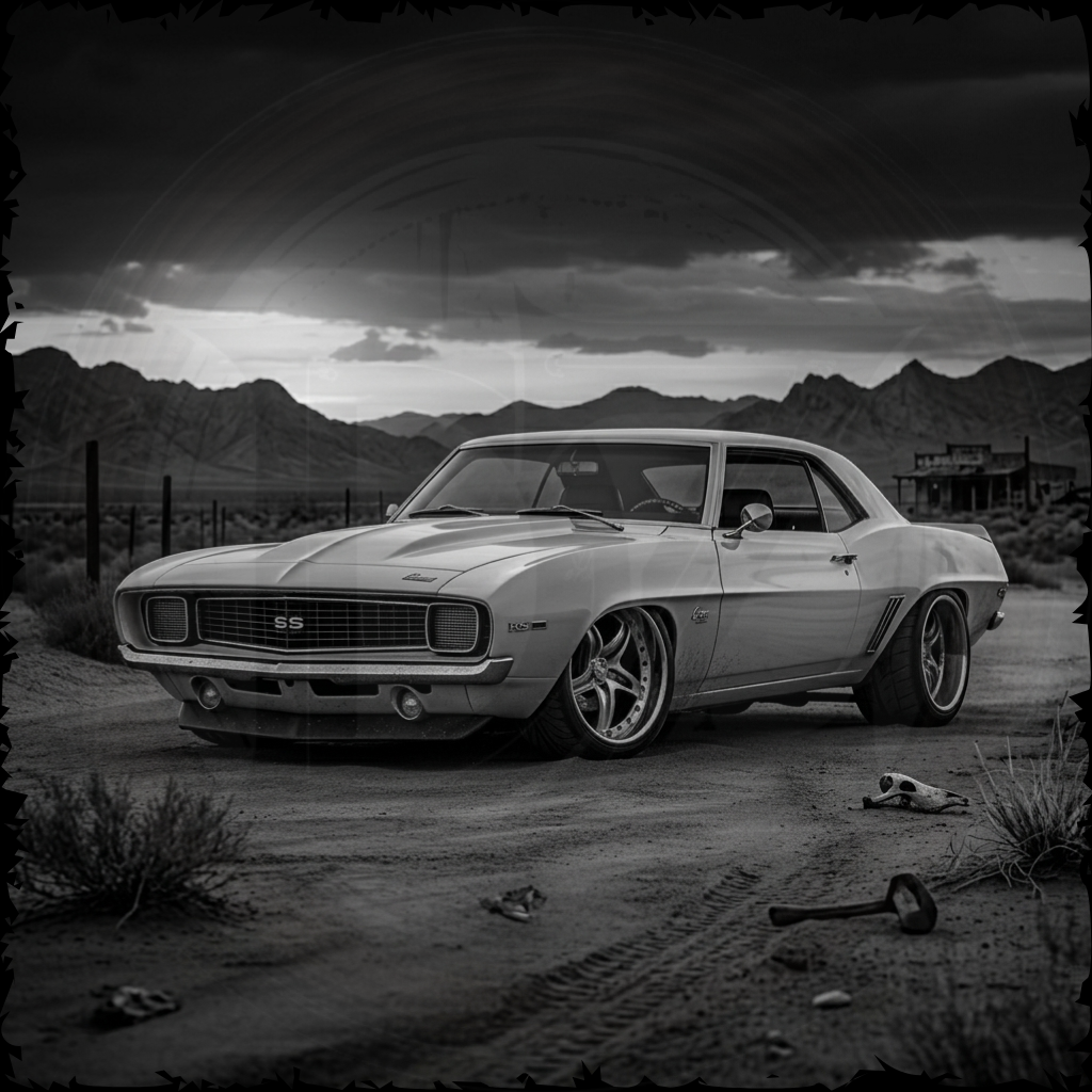 Vintage muscle car in a desert landscape with mountains in the background