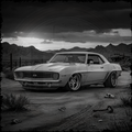 Vintage muscle car in a desert landscape with mountains in the background