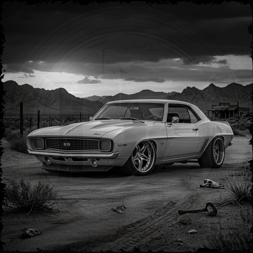 Vintage muscle car in a desert landscape with mountains in the background