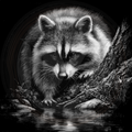 Black and white raccoon by a body of water