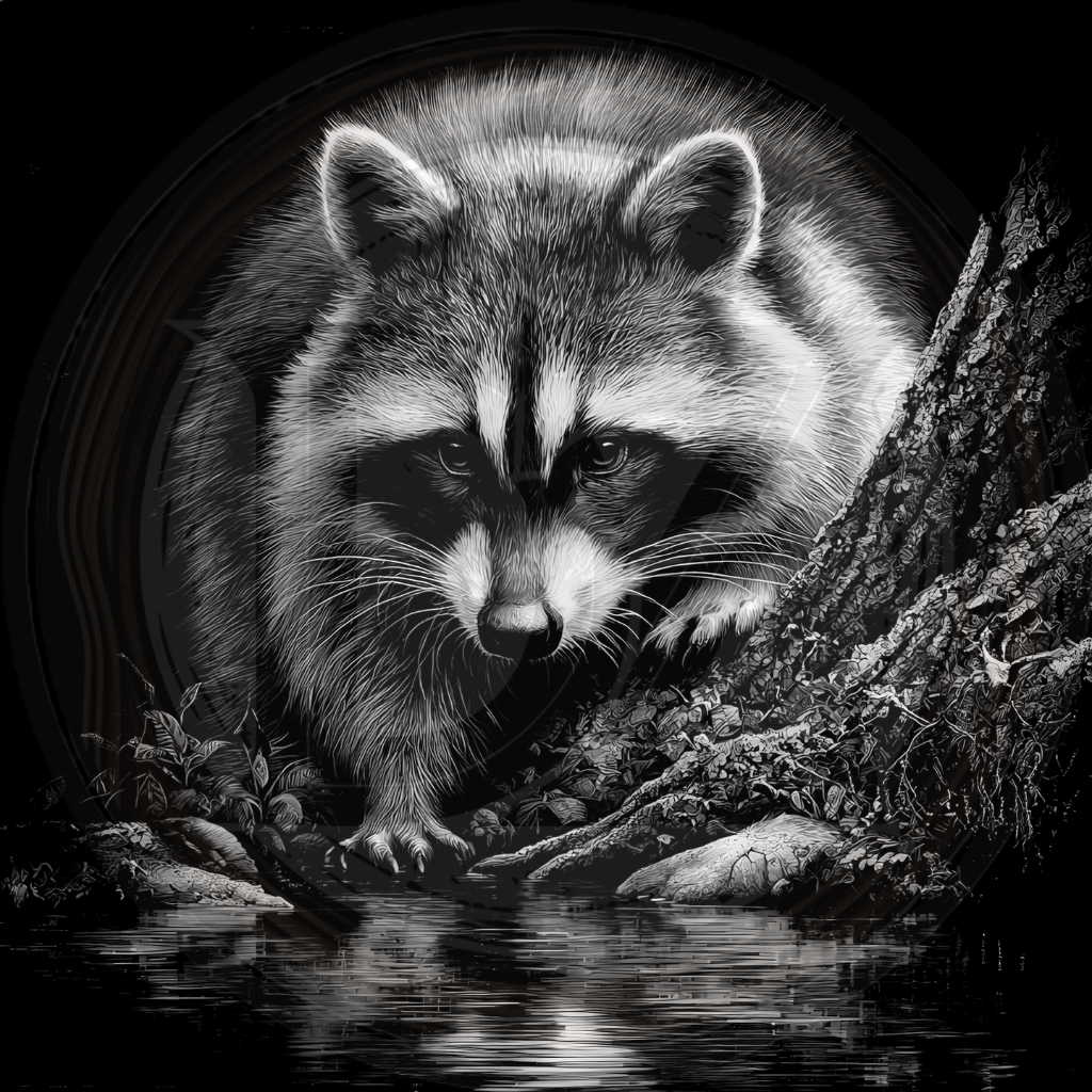 Black and white raccoon by a body of water