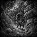 Two mountain bikers navigating a rocky trail with engraved rock faces.