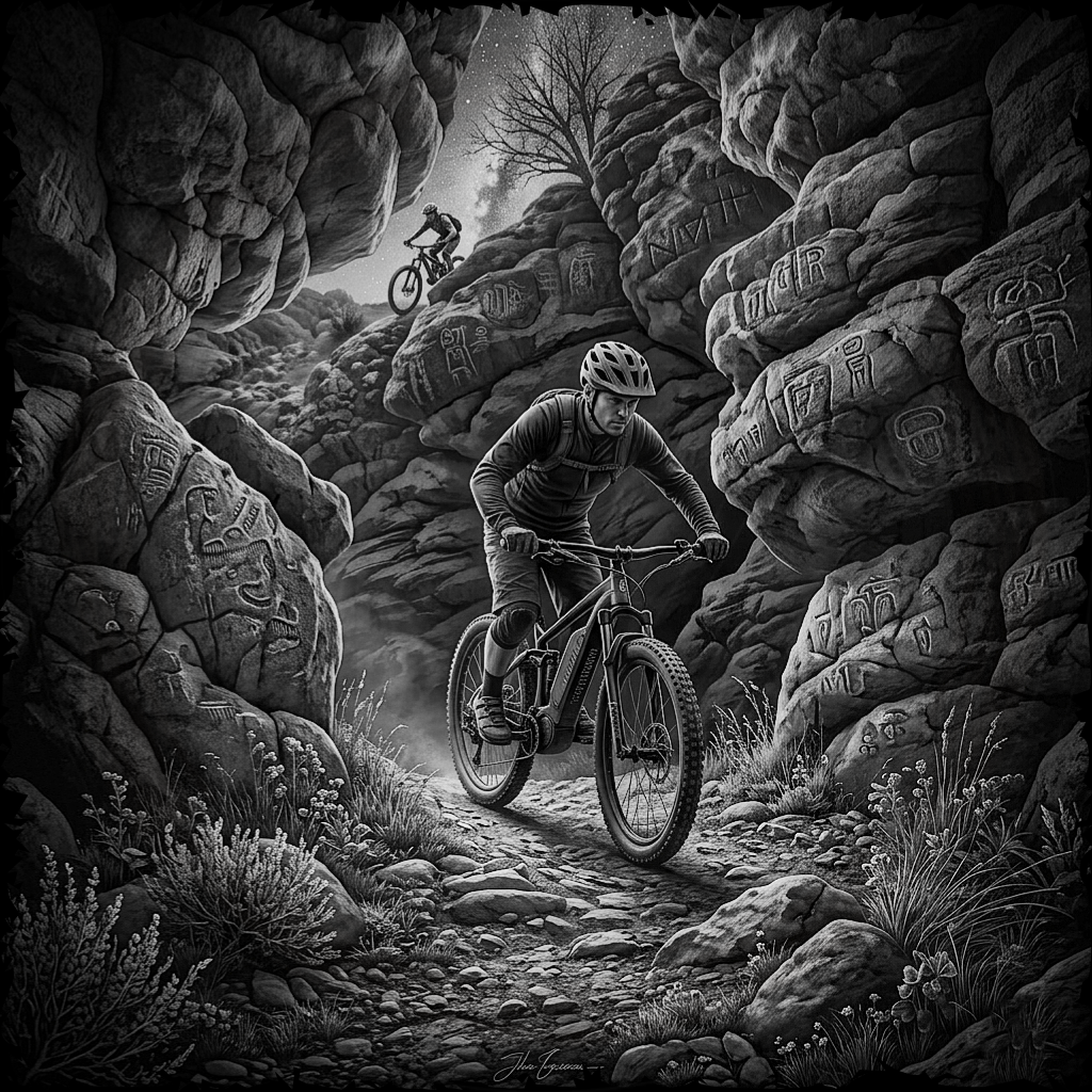 Two mountain bikers navigating a rocky trail with engraved rock faces.