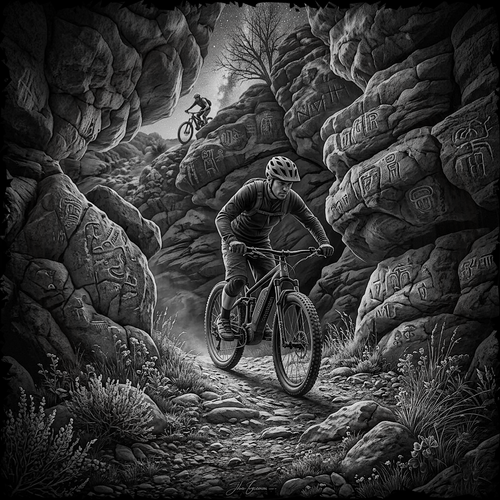 Two mountain bikers navigating a rocky trail with engraved rock faces.