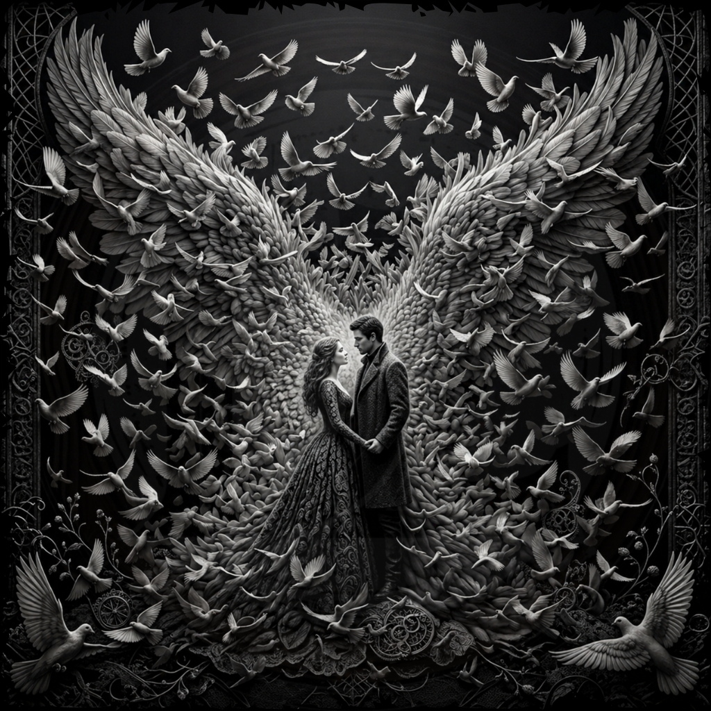 Artistic depiction of a couple embraced between large wings with doves flying around, in black and white.