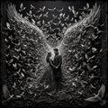 Artistic depiction of a couple embraced between large wings with doves flying around, in black and white.