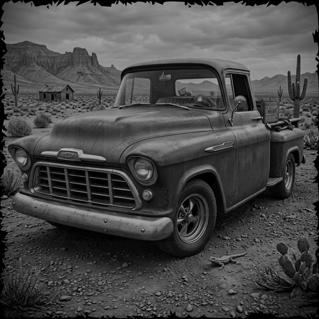 Vintage truck in a desert landscape with cacti and mountains.