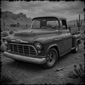 Vintage truck in a desert landscape with cacti and mountains.