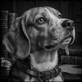 Black and white portrait of a dog with books and a compass in the background