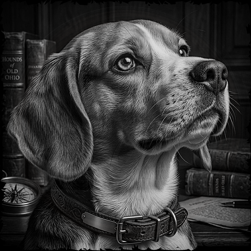 Black and white portrait of a dog with books and a compass in the background
